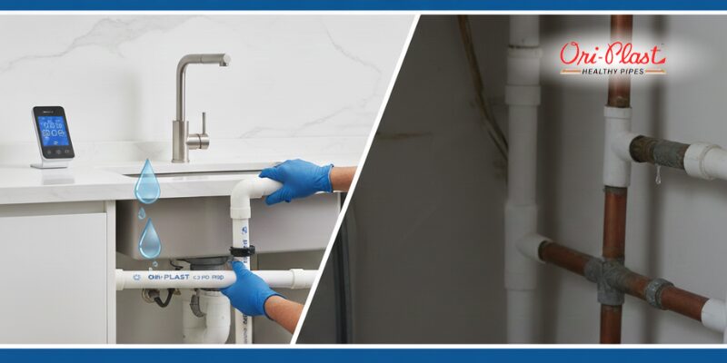 Hands working on Ori-Plast kitchen plumbing pipes with a smart leak detector visible on the counter.