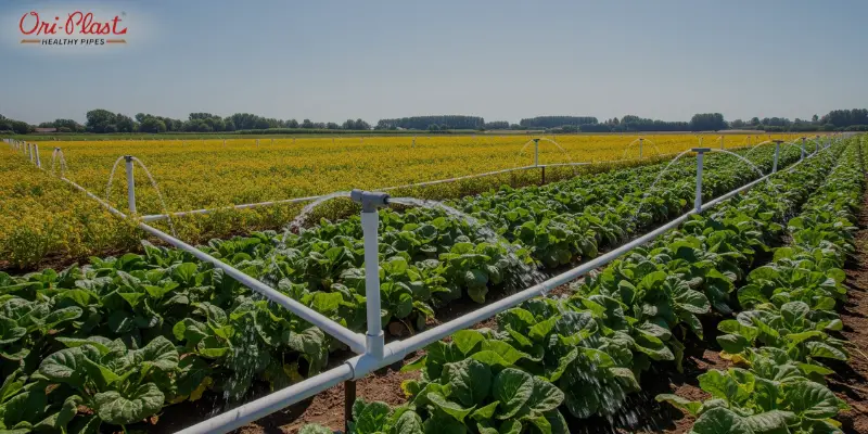 PVC agricultural pipes fittings in a modern drip irrigation system, demonstrating efficient water delivery in a farm.