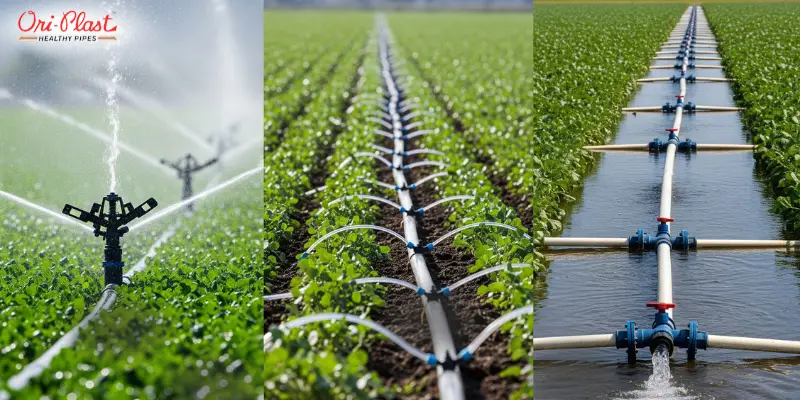 Diverse agricultural water supply systems utilizing various agricultural pipes for efficient irrigation, including sprinklers and drip lines.