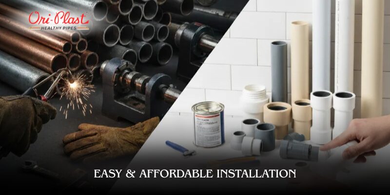 Split image showing the contrast between welding metal pipes on the left and a hand assembling plastic pipe fittings with cement on the right, highlighting the easy and affordable installation of plastic pipes.