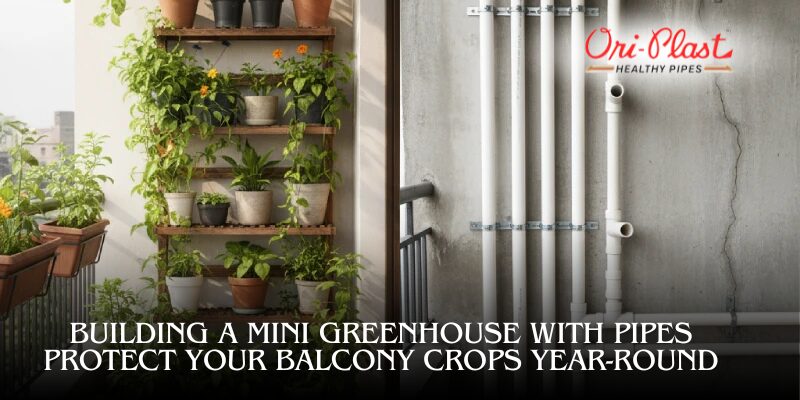 Mini greenhouse setup on balcony using healthy PVC pipes for plant support and crop protection.