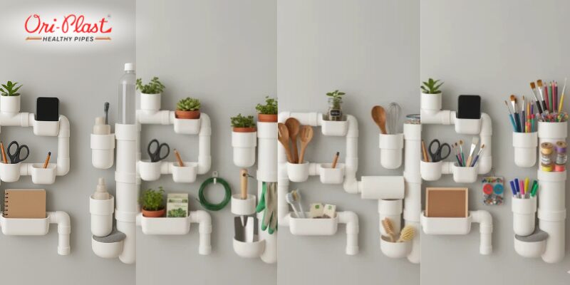 Wall-mounted organizers made from white PVC pipes holding plants, stationery, and household items, showcasing multipurpose storage ideas.