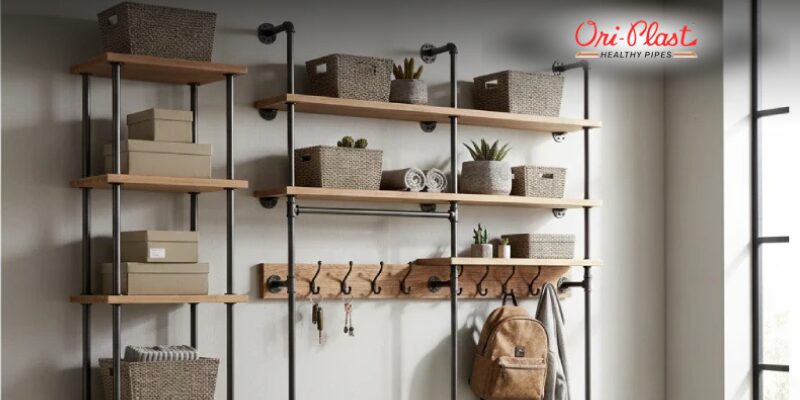 Wooden shelves supported by black metal pipes, holding woven baskets and home essentials, with hooks for bags and keys below.