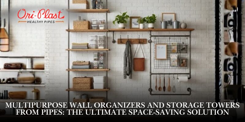 Wall-mounted shelves and racks made with metal pipes and wood, holding plants, baskets, and kitchen essentials for organized living.