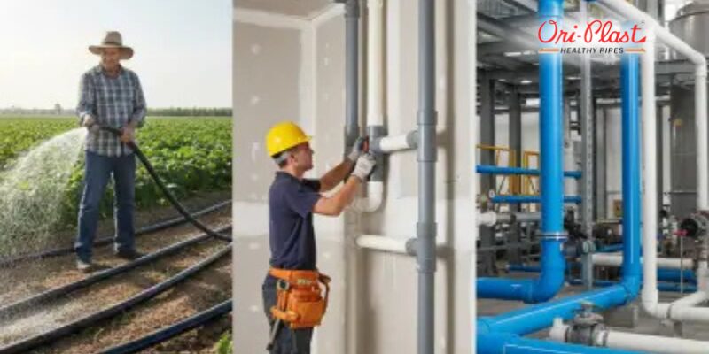 Ori-Plast pipes used in agriculture, domestic plumbing, and industrial applications, emphasizing their lightweight nature.