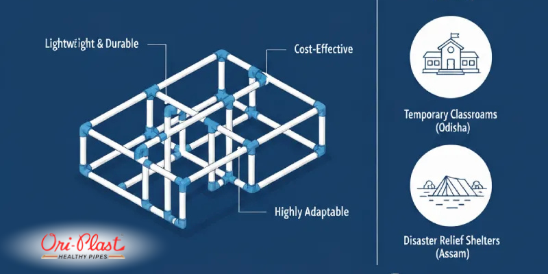 Illustration of a modular PVC pipe framework with labels highlighting its use for temporary classrooms in Odisha and disaster relief shelters in Assam, emphasizing "Lightweight & Durable," "Cost-Effective," and "Highly Adaptable."