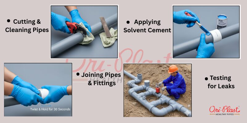 Visual guide showing key steps for SWR pipe installation: cutting, applying solvent cement, joining, and pressure testing for leaks.