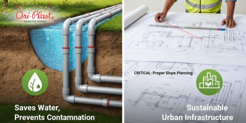 Water-saving SWR pipes buried in ground next to blueprint for sustainable urban infrastructure.