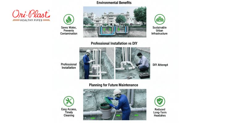 Comparison of professional SWR pipe installation versus DIY, focusing on environmental benefits and maintenance access. 