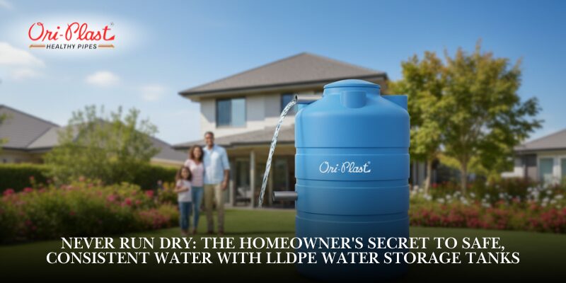 A blue Ori-Plast LLDPE water storage tank in a green front yard, with a stream of water flowing from a pipe. A family of three stands blurred in the background, smiling in front of a modern suburban home, emphasizing reliable, safe water access.