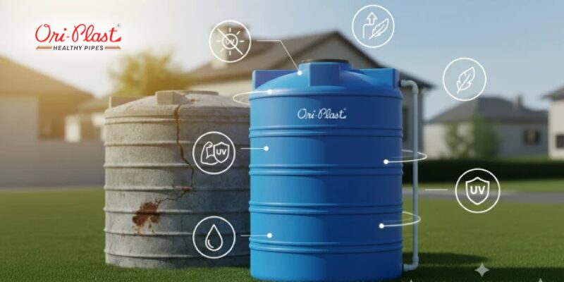 Blue LLDPE water storage tank with a house and family in the background.