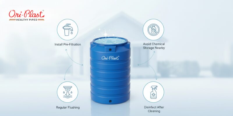 Blue LLDPE water tank with a house and family in the background.