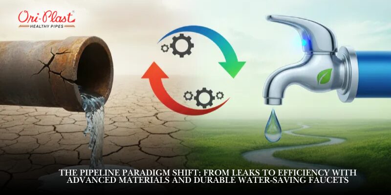 Durable Water-Saving Faucets contrasting a broken, leaking, rusty pipe over cracked, dry ground with a modern, efficient faucet dripping water onto lush green land, illustrating a pipeline paradigm shift.