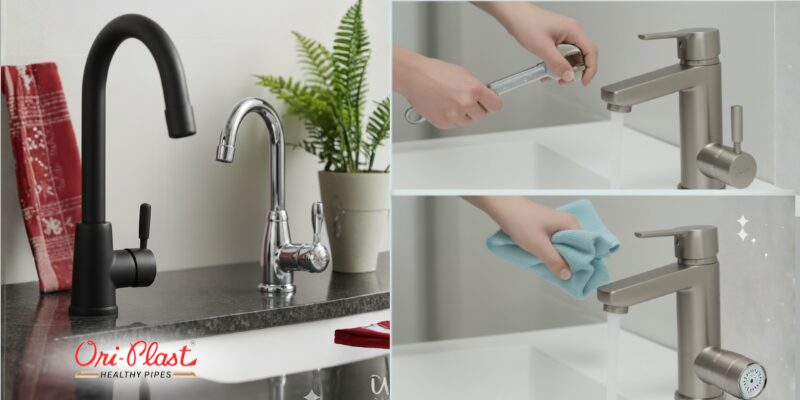 Durable Water-Saving Faucets display, featuring two stylish faucets (black gooseneck and chrome) on the left, and a split view on the right illustrating easy maintenance (cleaning the aerator/spout and wiping the faucet).