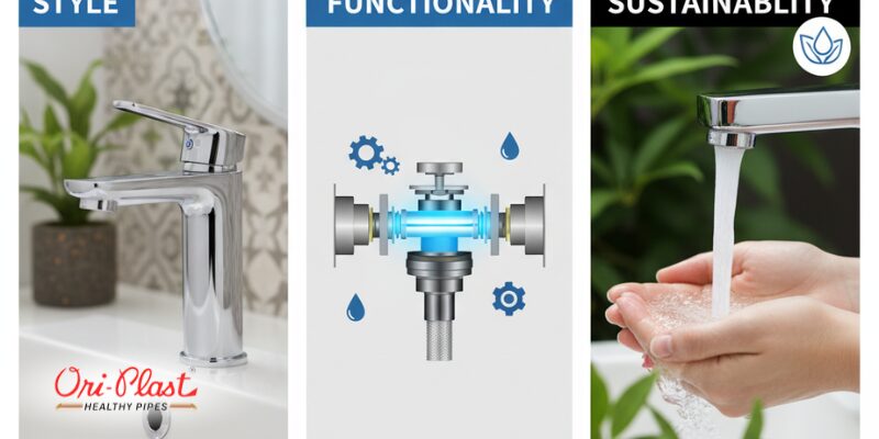 Durable Water-Saving Faucets illustrated in a triptych showing modern faucet style, an internal technical diagram of faucet functionality, and hands catching running water emphasizing sustainability.