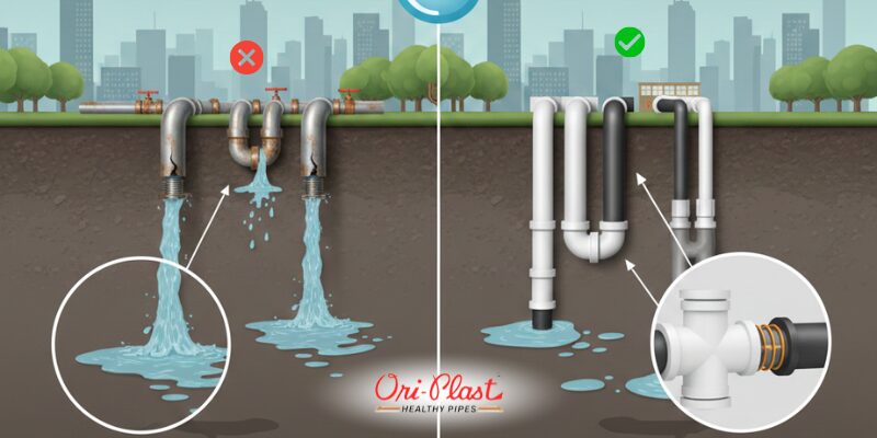 Diagram comparing old, leaking metal pipes (X) with modern, leak-proof plastic plumbing systems and joint technology