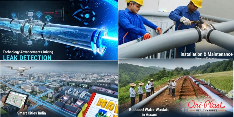 Advanced plumbing pipeline with a leak detection sensor integrated into a joint, representing fusion-welded, leak-proof systems and smart monitoring technology.