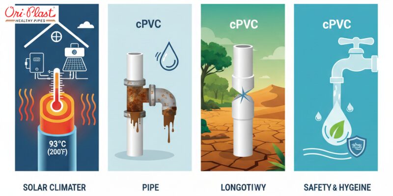 Upgrade to Ori-Plast cPVC pipes for hot water. Resists corrosion, withstands extreme temperatures, and ensures clean, healthy water supply.