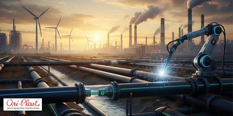 Futuristic scene showing black PE pipes being installed by a robotic arm with a welding spark, set against a backdrop of a refinery and wind turbines, signifying advanced PE pipes technology.