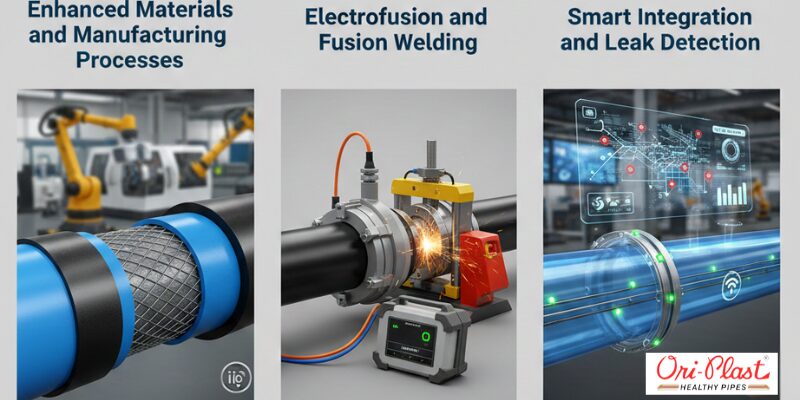 Three panels illustrating advanced PE pipe technology: Enhanced materials, Electrofusion/Fusion Welding with equipment, and Smart Integration/Leak Detection with digital overlays.