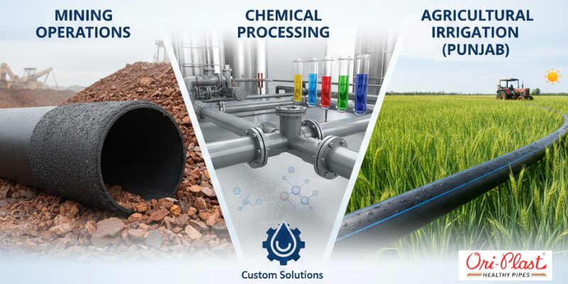 Industrial image showing Ori-Plast pipes used in three sectors: Mining Operations, Chemical Processing, and Agricultural Irrigation (Punjab).