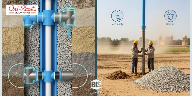 Cross-section diagram and on-site installation of Ori-Plast uPVC borewell pipes showing verticality and BIS 12800 certification for efficient groundwater extraction.