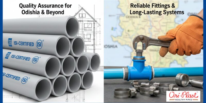 A stack of grey ISI-certified borewell pipes and a plumber installing blue pressure pipe fittings for a long-lasting water system.