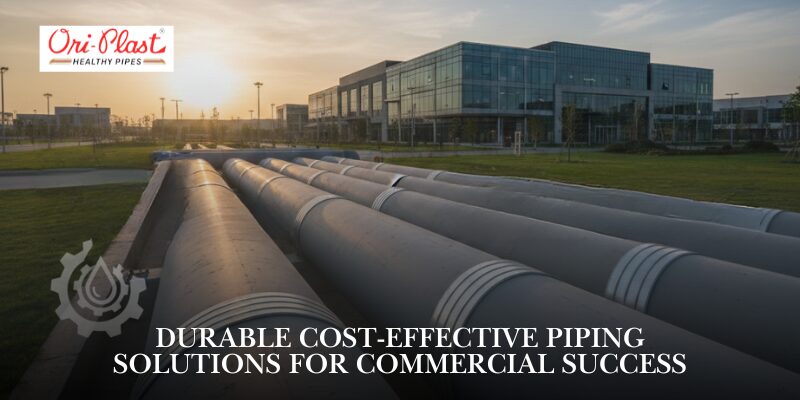 Large industrial pipes laid out in front of a modern commercial building during sunset.