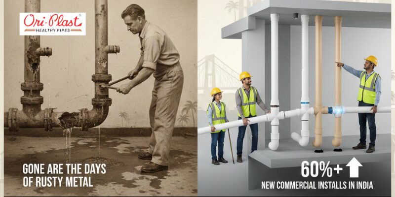 A comparison of old rusty metal pipes versus durable cost-effective piping solutions for new commercial installs in India.