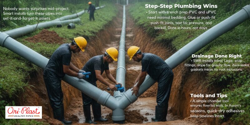 Workers installing durable cost-effective piping solutions in a trench, highlighting quick push-fit joints and leak-proof drainage.