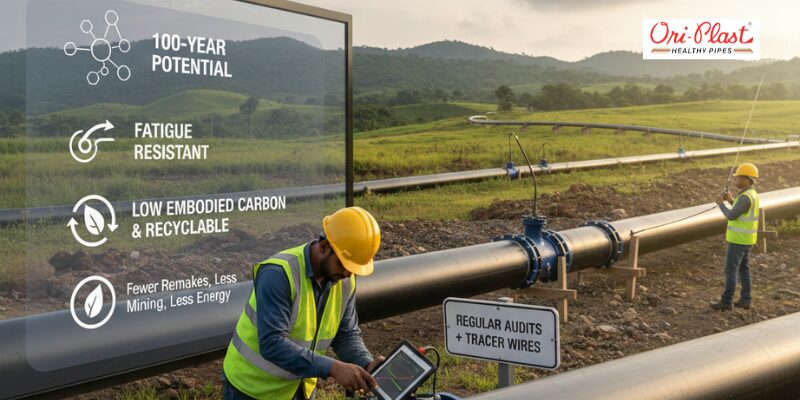 Two technicians utilizing an electrofusion machine to create a high-strength molecular fusion and rock-solid seal on a polyethylene pipe network. This process ensures bacteria-free seamless joints and high-pressure tolerance up to PN16 for long-term infrastructure durability.