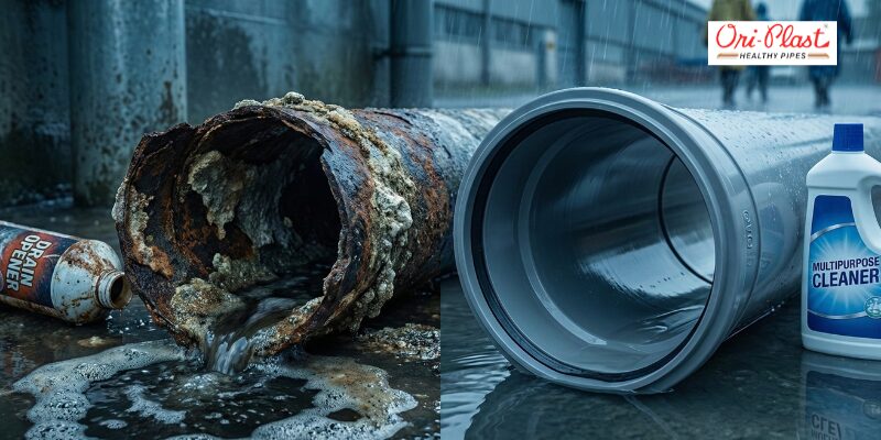 A comparison showing a corroded iron pipe versus the best SWR pipes from Ori-Plast that resist chemical damage and scale buildup.