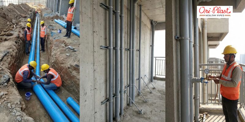Professional installation of the best SWR pipes by Ori-Plast, showing underground blue drainage lines and vertical grey SWR stacks in a high-rise construction site.
