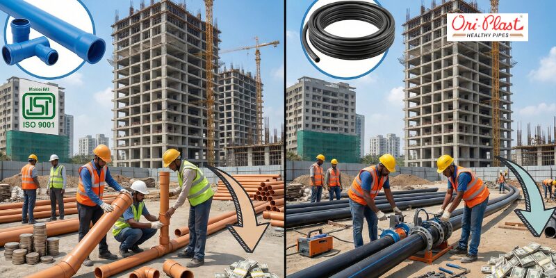 ISO certified Ori-Plast drainage solutions, featuring the best SWR pipes and fittings being installed at a major residential construction site for long-term cost savings.