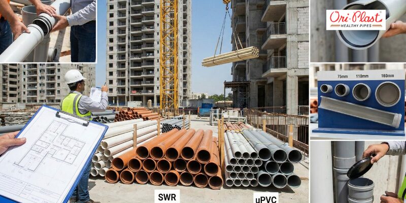 Construction workers installing and pressure testing the best SWR pipes from Ori-Plast in both underground trenches and high-rise vertical stacks to ensure leak-proof performance.
