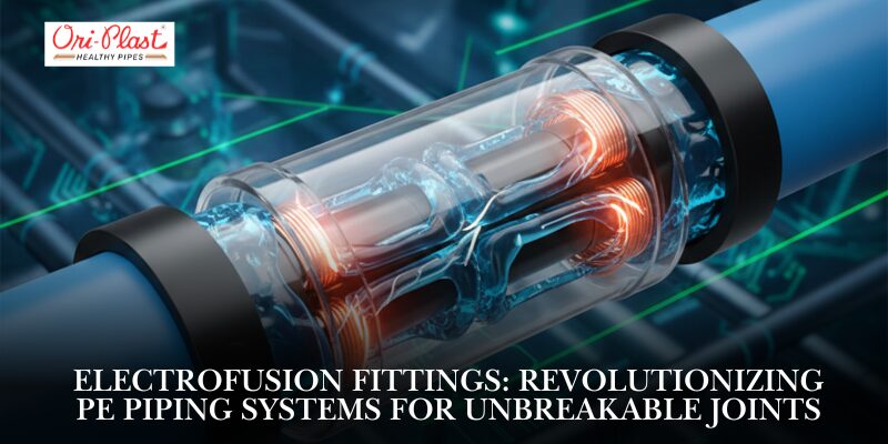 A technician at a construction site using a machine to install electrofusion fittings on large-diameter black PE pipes, creating leak-proof and durable joints for water or industrial plumbing systems.