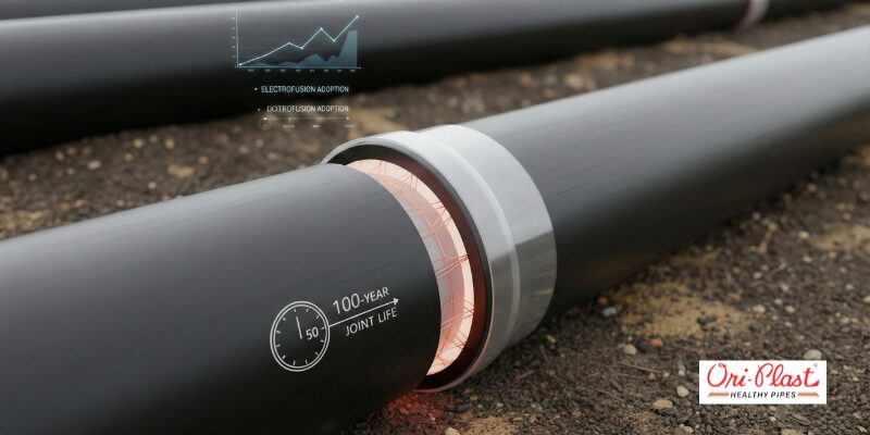 A technical visualization of a pipe joint using electrofusion fittings, showing a 100-year joint life expectancy and data charts indicating the reliability of the fusion process for industrial piping.