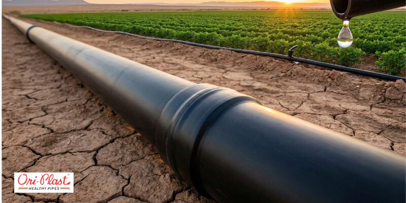 A long stretch of black PE piping joined with durable electrofusion fittings in an agricultural field, demonstrating reliable water distribution for irrigation in arid environments.