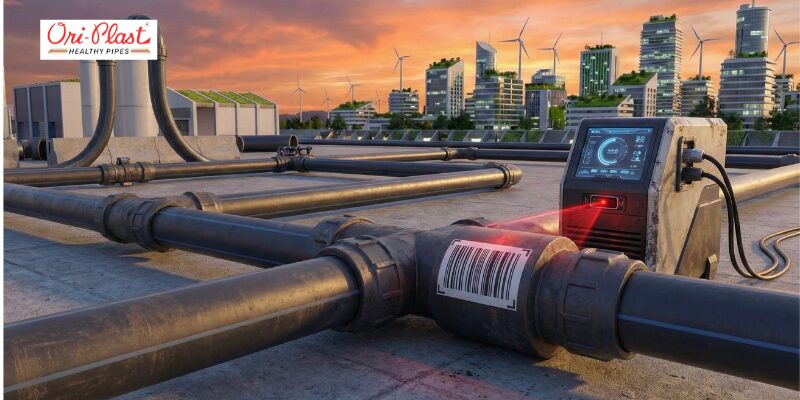 A digital scanner reading a barcode on electrofusion fittings within a complex industrial rooftop piping network to ensure precise installation and leak-proof performance.