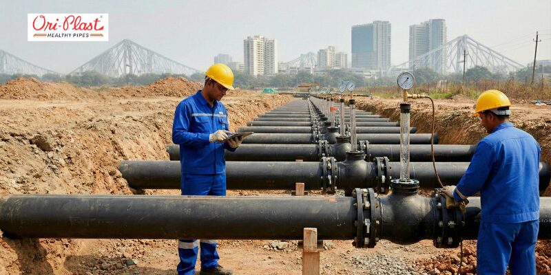 Engineers inspecting a series of parallel black utility pipes joined with electrofusion fittings at an urban excavation site, with a city skyline and bridge in the background.