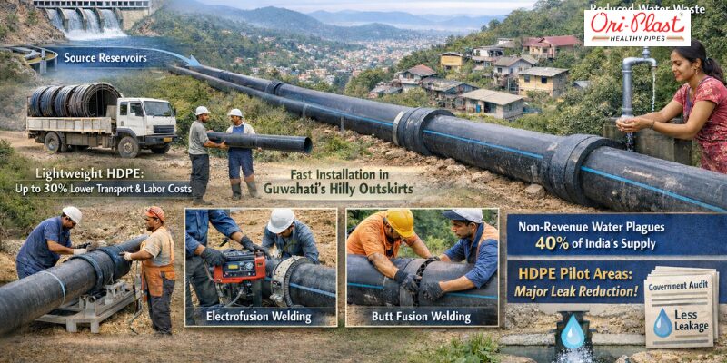 A side-by-side comparison illustrating the common failure of traditional rusted metal pipes—leading to high water bills and loss reports—against the modern, durable Ori-Plast HDPE piping system designed for zero wastage and long-term reliability.