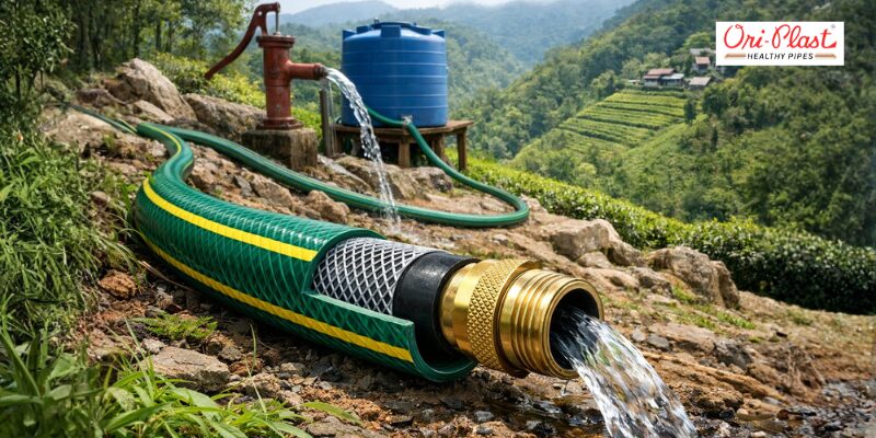 Construction workers using high-quality Ori-Plast PVC suction pipes at a large-scale building site in India, demonstrating durability in industrial conditions.