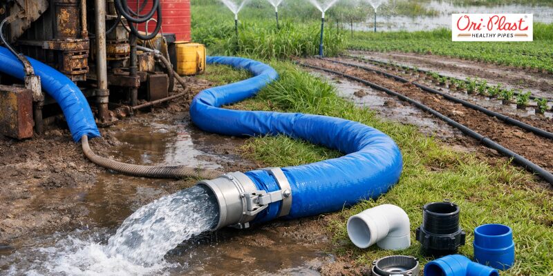 Heavy-duty green PVC suction pipes from Ori-Plast being used by construction workers at a large building site in India to demonstrate industrial-grade strength.