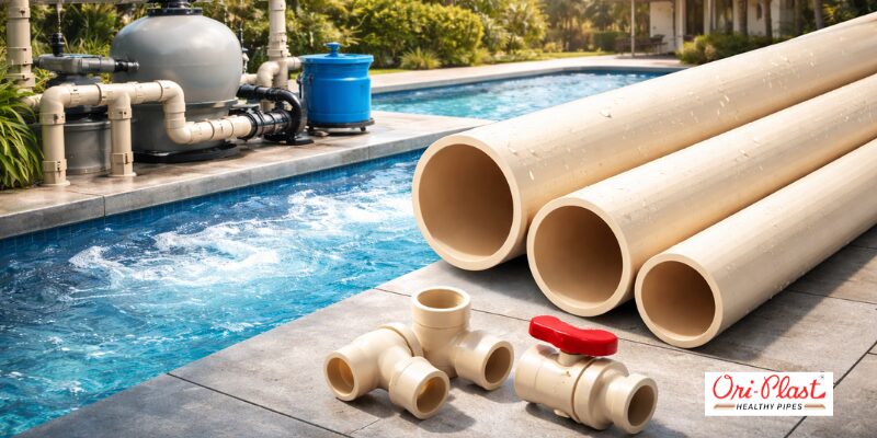 A collection of high-quality Ori-Plast CPVC pipes designed for chlorine resistance in luxury swimming pool and spa filtration systems in India.
