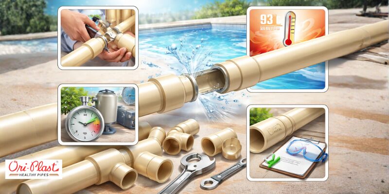 Infographic showing Ori-Plast CPVC pipes with features like 93°C heat resistance, high-pressure tolerance, and easy installation, highlighting why they are the best CPVC pipes in India for spas and hot water systems.