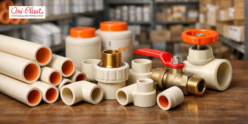 A collection of Ori-Plast CPVC pipes, elbows, and heavy-duty brass-threaded valves displayed on a wooden surface, demonstrating the quality of the best CPVC pipes in India.