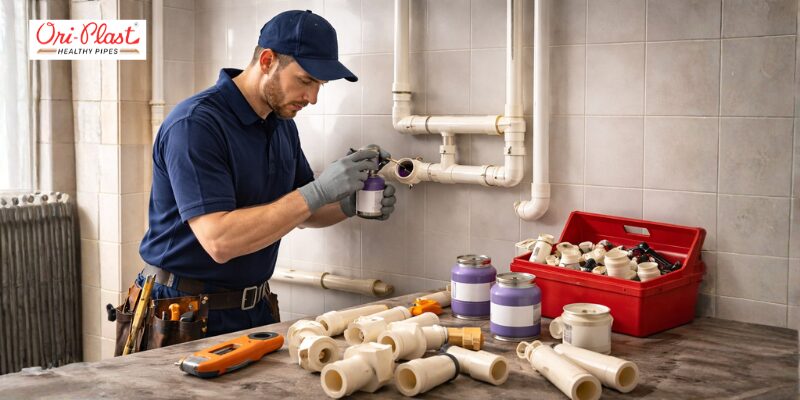 A professional plumber applying solvent cement to Ori-Plast fittings, demonstrating the easy installation process of the best CPVC pipes in India for residential and commercial projects.