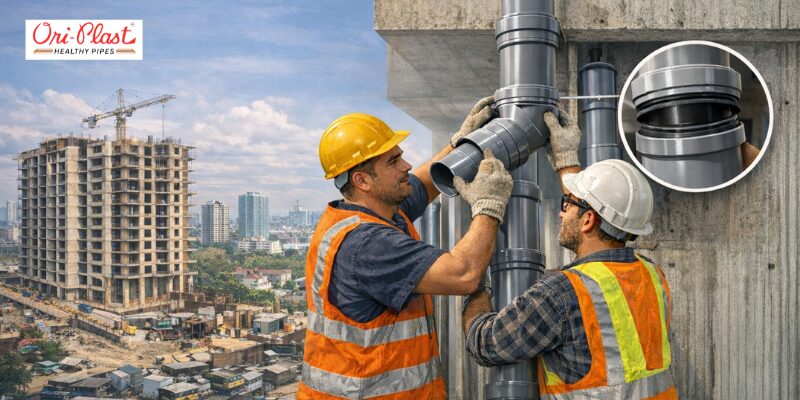 Construction workers installing durable SWR fittings and vertical drainage pipes on a high-rise building site for efficient wastewater management.