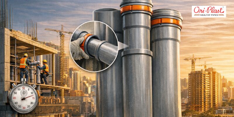 Large grey SWR fittings with ring lock joints installed on a multi-storey construction site, showcasing quick push-fit drainage pipe connections.