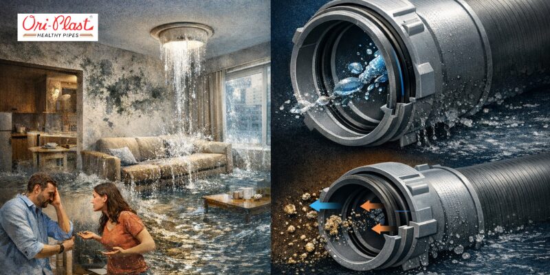 Comparison image showing severe indoor water leakage versus secure, leak-proof SWR fittings with tight ring lock joints preventing backflow and seepage.